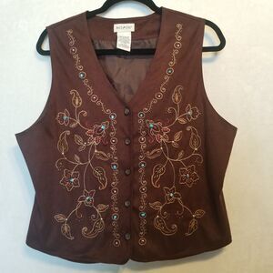 Vtg White Stag L Vest Brown Faux Suede Embroidered Beaded Button Y2K 90s Western